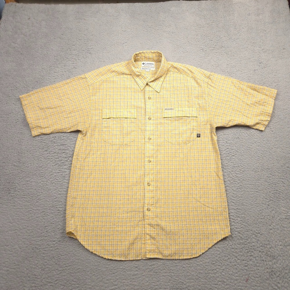 Vintage Columbia GRT Shirt Men M Plaid Seersucker Short Sleeve Hiking Yellow